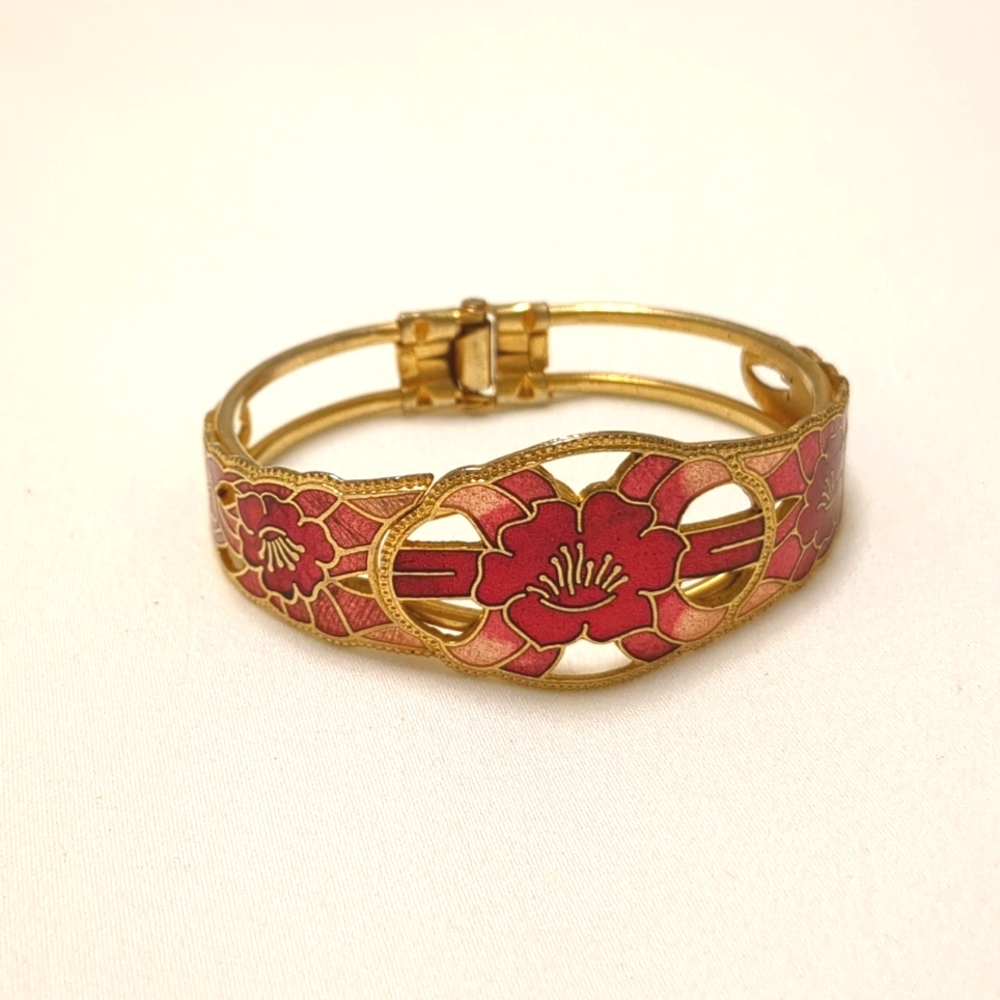 Vintage Gold Coral Pink Floral Bangle Bracelet
